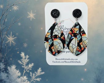 Penguin Earring, Winter Animal Dangle, Black Druzy Stud Earring, Stained Glass Earring, Wildlife Dangle, Snow Earring, Penguin Lover Gift