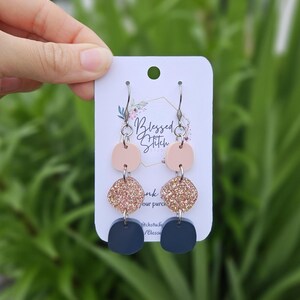 Navy Blue Gemstone Trio Earring, Pink Blush Trio Dangle, Summer Pink Earrings, Rose Gold Stacked Dangle, Geometric Earring, Fall Earrings