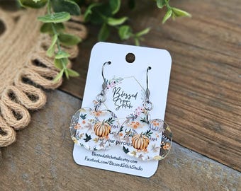 Fall Pumpkin Earrings, Acrylic Thanksgiving Pumpkin Earrings, Autum Leaf Earrings, Orange Fall Floral Dangle, Maple Leaf Earrings