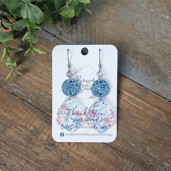 4th of July Fireworks Dangle, Red White and Blue Patriotic Earrings, Blue Glitter Earring, Memorial Day, USA Military Homecoming Earrings