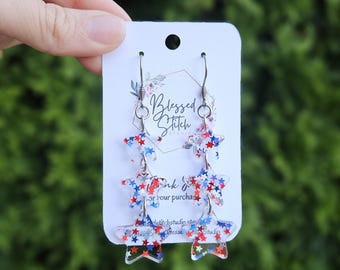 4E Blue & Silver Crystal Star Dangle Earrings – Patriotic Summer Sparkle display picture 1