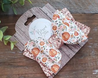 Fall Pumpkin Hairbow, Autumn Bow Set, Floral Pumpkin Hairclip, Holiday Piggie Bows, Thanksgiving Bow, Pumpkin Patch Hairbow, Copper Glitter