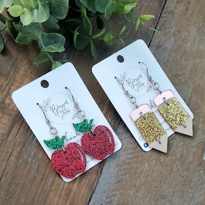 Teacher Earrings, Back To School Dangle, Teacher Appreciation Gifts, Lightweight Pencil Earring, Red Acrylic Apple Earrings