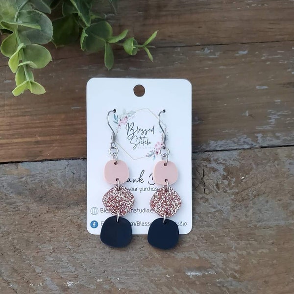 Navy Blue Gemstone Trio Earring, Pink Blush Trio Dangle, Summer Pink Earrings, Rose Gold Stacked Dangle, Geometric Earring, Fall Earrings