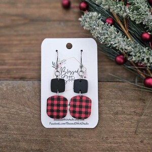 Red Buffalo Plaid Earrings, Christmas Plaid Dangle, Red and Black Check Jewelry, Red square Shaped Earrings, Holiday Buffalo Check Earring
