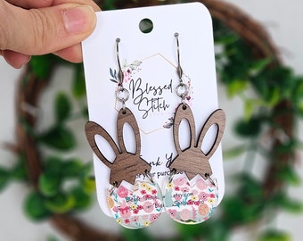 Easter Bunny Earrings, Spring Flower Wood Jewelry, Bunny Earrings, Holiday Earrings, Acrylic and Wood, Pastel Easter Egg Dangle
