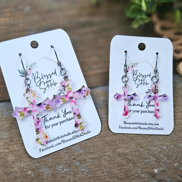 Floral Cross Earrings, Easter Cross Jewelry, Acrylic Faith Dangle, Religious Earring, Christian Easter Resurrection Earrings, Mommy and Me