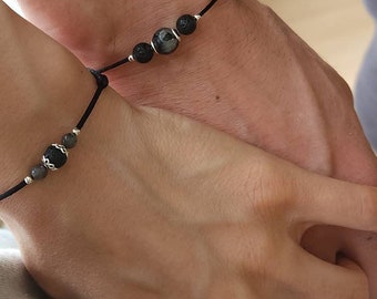 Couple beaded bracelets, Long distance gift, Matching jewelry, Leaving guy gift ideas,  Black lava for him & her, Connection with magnet