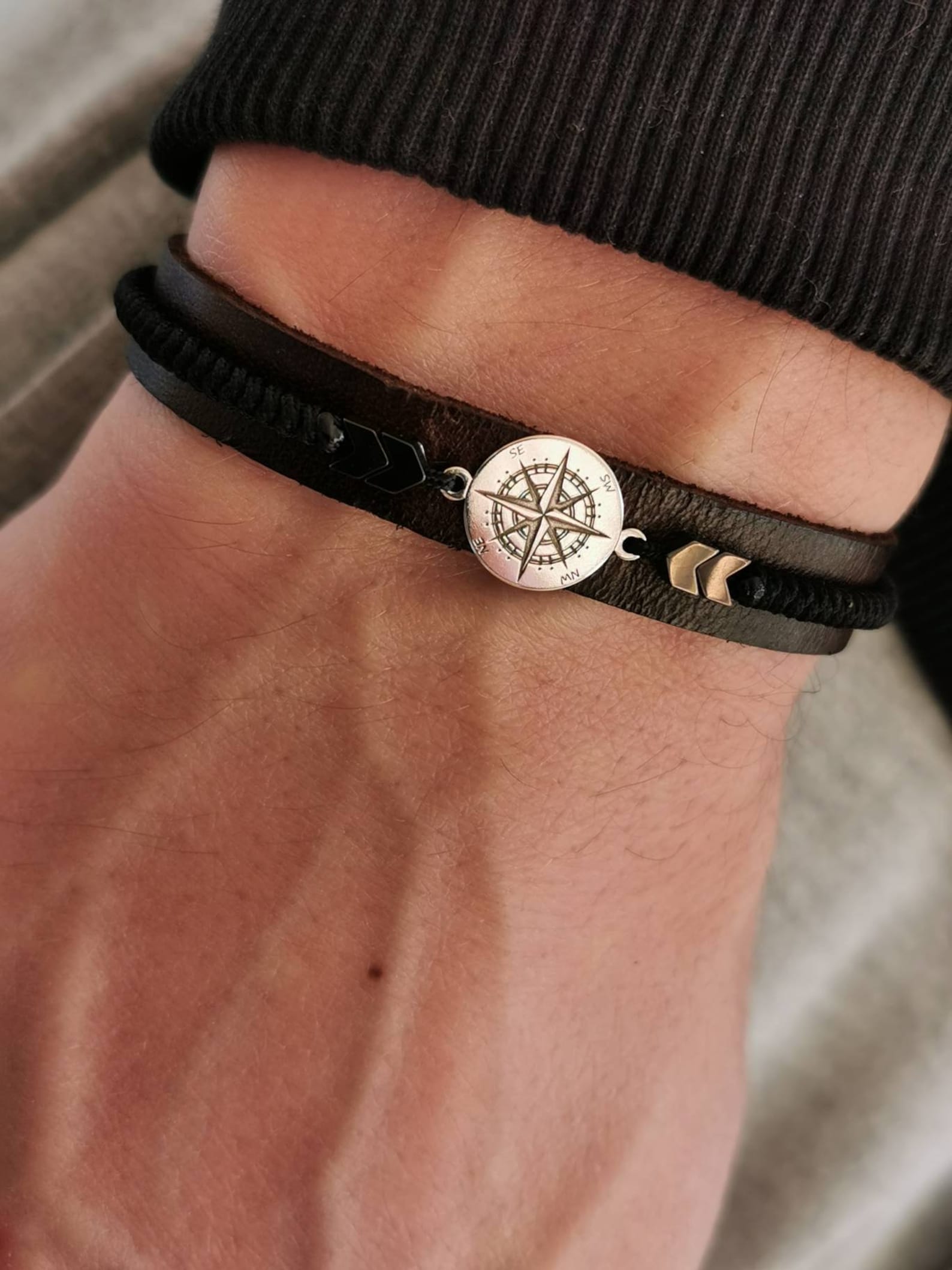 Compass Leather Men's Bracelet. Long Distance Gift for Etsy
