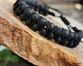 Men's lava bracelet. Double lava gemstone bracelet.Healing Gemstones jewelry for him. Black man's bracelet. Essential oil diffuser bracelet