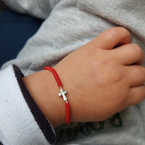 Cross baby bracelet. Chirstening red bracelet for child. Protection red string for kids. Baptism gift for toddler. Grandson silver gift.