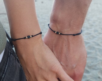 Gold couple bracelets, Black matching set, Best friend long distance jewelry, Leaving gift guy, Anniversary gift for couples. His & him idea