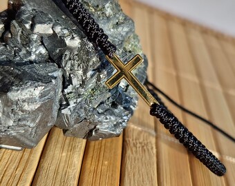 14k Yellow Cross Bracelet for Men. Black Thread and Gold Cross