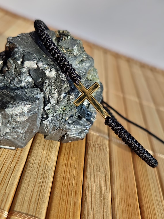 14k Yellow Cross Bracelet for Men. Black Thread and Gold Cross