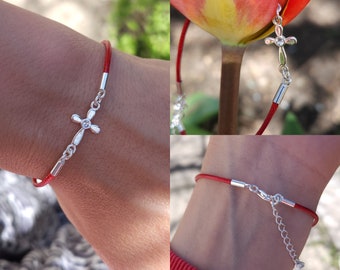 Silver cross bracelet with cubic zirconia. Red string of fate.  Protection red thread for women. Religious jewelry for girl. Jesus near me