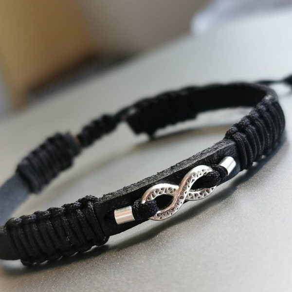 Bracelet homme infini en cuir. Cadeau d'anniversaire pour lui. Cadeau longue distance. Infini d'argent. Idée d'anniversaire de gars. Cadeau ensemble pour toujours