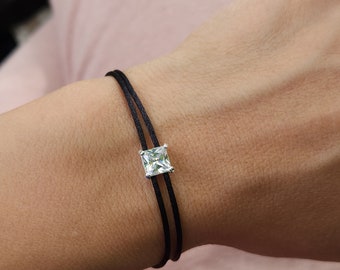 Dainty silver bracelet for girl. Cubic zirconia charm bracelet for women. Anniversary gift idea. Sister jewelry. Tiny black thread bracelet
