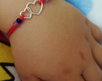 Red string hearts baby bracelet. Kabbalah red thread for child. Protection blue evil eye beads for kids. Double hearts bracelet for baby.