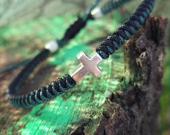 Solid silver cross bracelet for men. Knitted waterproof thread. Baptism cross jewelry. Gift for him. Leaving guy gift idea. Jesus jewelry