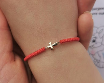 Christening baby gift. 14k solid gold cross baby bracelet. Children's cross bracelet. Protection red string for kids. Baptism gift for baby