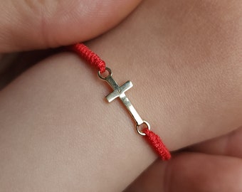 Christening baby gift. 14k solid gold cross baby bracelet. Children's cross bracelet. Protection red string for kids. Baptism gift for baby