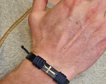 Solid gold cross bracelet for men. Black leather jewelry for him. Christian fine cross bracelets. Protection leaving gift idea for him