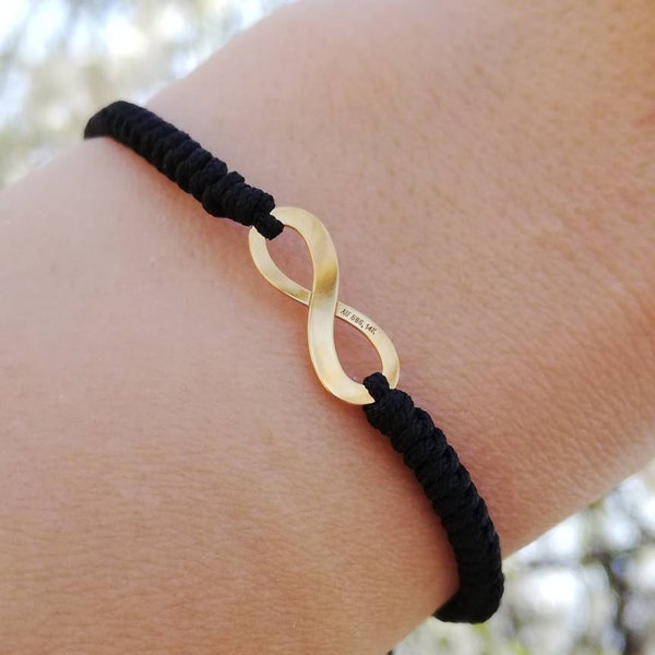 Gouden Infinity-armband voor dames Gouden jubileumsieraden. Zwarte draad gebreide armband meisjesarmband. Internetioneel cadeau-idee voor vrouwendag