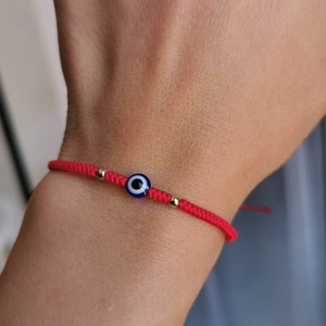 Blue nazar eye bracelet for girl with gold. Kabbalah red string of fate. Evils protection bracelet. Leaving red thread bracelet for women.