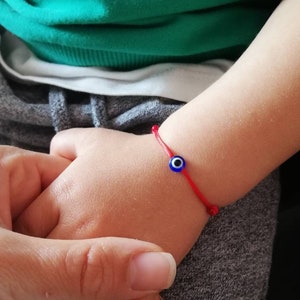 Delicate satin red baby evil eye bracelet. Toddler Nazar eye red thread bracelet. Kids Protection red thread bracelet. Kabbalah child thread