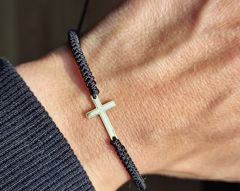 14k yellow cross bracelet for men. Black thread and gold cross. Baptism cross jewelry. Gift for him. Leaving guy gift idea. Jesus jewelry