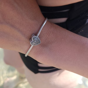 Silver hearts all over charm bracelet for girl. Pandora style jewelry fits.  Anniversary bracelet for women. Snake chain silver jewelry gift