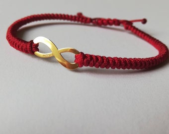 Infinity women's bracelet. 14k yellow gold Infinity. Gift for her. Bridesmaid gift. Sisters bracelet. Gold Infinity. Red string bracelet