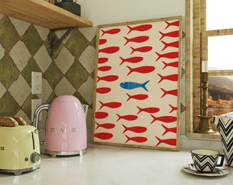 Stampa di sardine / Stampa di decorazioni costiere di metà secolo / Poster di pesce vintage / Stampa di illustrazioni di frutti di mare retrò / Beige rosso blu