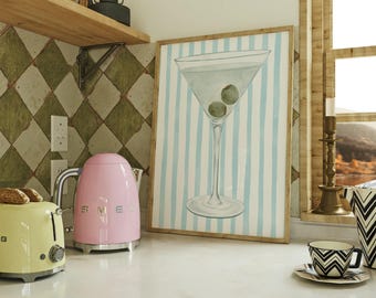 Martini Print | Watercolor Cocktail Wall Art | Classic Drink Print | Modern Bar Decor For Kitchen Dining or Home Lounge | Blue Stripes