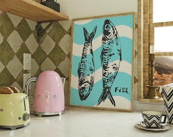 Vintage Fish Wall Art | Nautical Kitchen Decor | Coastal Sea Life Print | Ocean Fish Poster | Rustic Beach House Illustration