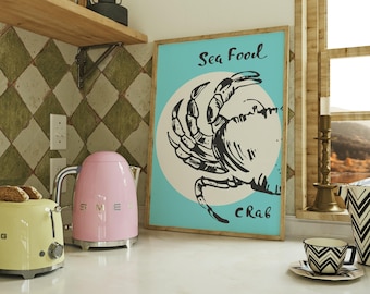 Crab Seafood Wall Art | Nautical Kitchen Decor | Coastal Dining Room Print | Rustic Seafood Illustration | Maritime Crab Poster