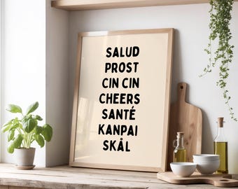 Cheers Salud Print | Multilingual Wall Art for Kitchen or Bar Area | International Toast Print | Home Bar Poster | Beige & Black
