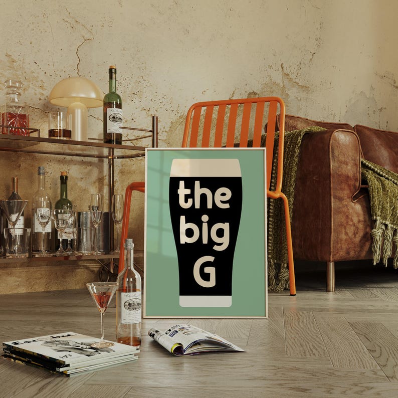 The big G art print, retro wall decor, bar decor, pub poster, vintage style, man cave decoration, unique gift idea, green background
