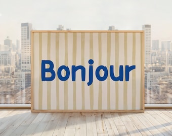 Bonjour Print | French Hallway Poster | French Hello Cafe Poster | Parisian Chic Wall Art | Yellow Blue Stripes | Horizontal