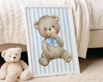 Teddy Bear Print | Teddy Bear for Boys Bedroom | Teddy Bear Nursery Wall Art | Cute Baby Room Decor | Blue Stripes