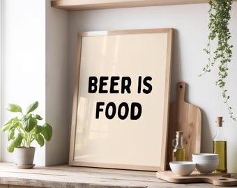 Beer Is Food Print | Funny Bar Wall Art for Beer Lovers | Poster for Man Cave Decor | Pub Quote Poster | Beige & Black