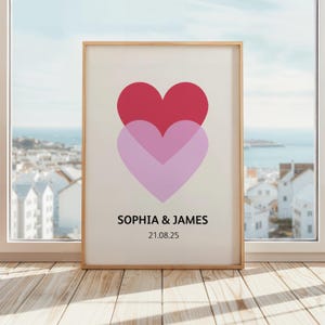 Personalised Wedding Anniversary Print | Custom Couple Names Poster | Engagement Gift for Couple | Anniversary Date Print | Red & Pink