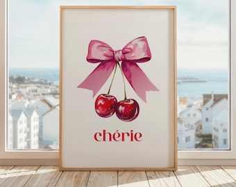 Chérie Cherry Bow Poster | Cherrye Coquette Ribbon Print | Feminine Aesthetic Wall Art | Parisian-Inspired Print
