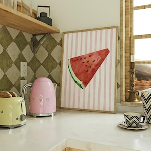 Watermelon Poster | Watermelon Print | Summer Fruit Poster | Gift for Fruit Lovers | Retro Kitchen Food Poster | Red Pink Stripes