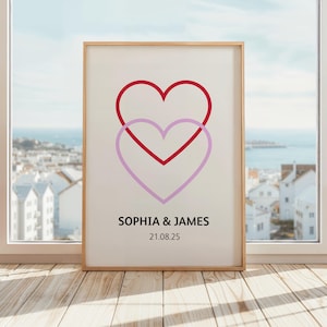 Personalised Wedding Anniversary Print | Custom Couple Names Poster | Engagement Gift for Couple | Anniversary Date Print | Red & Pink