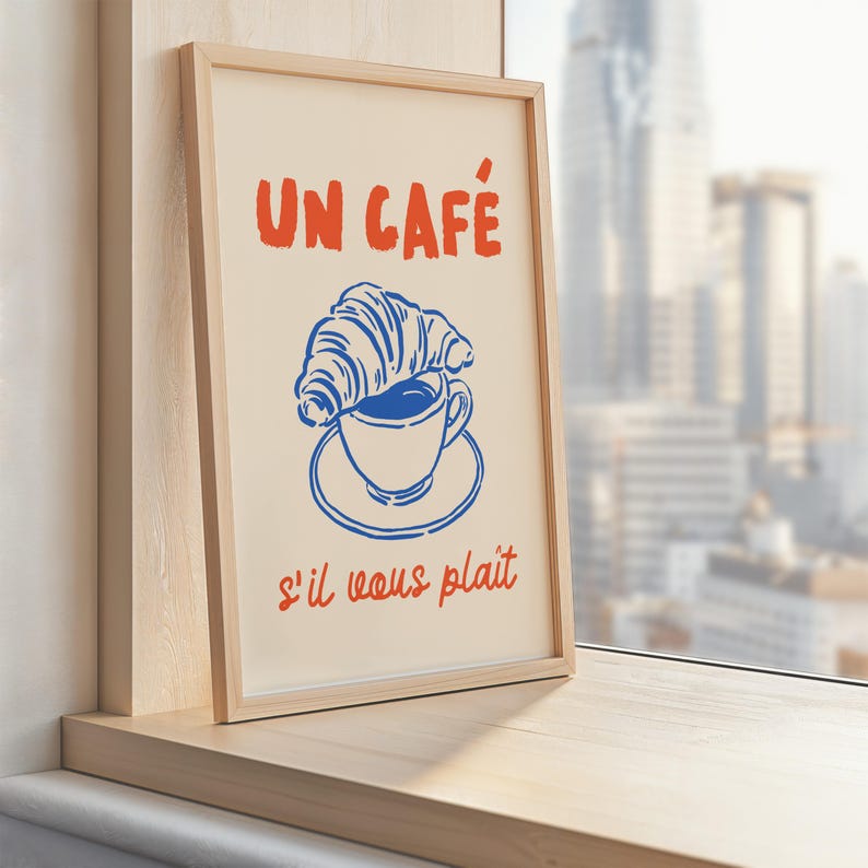 French Cafe Wall Art, Coffee and Croissant Poster, Kitchen Decor Prints, Vintage Cafe Illustration, Cute French Kitchen Ornament