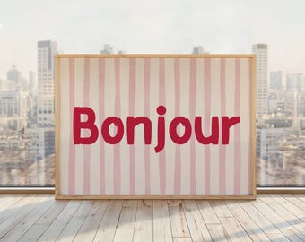 Bonjour Print | French Hallway Poster | French Hello Cafe Poster | Parisian Chic Wall Art | Red Stripes | Horizontal