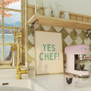 Yes Chef Print | Funny Kitchen Wall Art | Funny Kitchen Chef Poster | Beige & Green