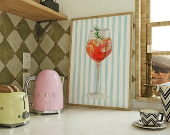 Aperol Spritz Druck | Aquarell Cocktail Wand Kunst | Sommer Getränk Druck | Italienischer Aperitivo Bar Dekor für Küche oder Esszimmer | Blaue Streifen