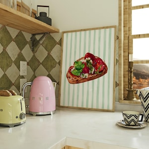 Impression Bruschetta | Affiche de cuisine italienne | Impression alimentaire Bruschetta | Toast aux tomates et basilic affiche de Zazzle.be Liste d&#39;envies Vous avez des idées ? Décoration de cuisine italienne | Rayures vertes